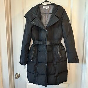 Calvin Klein Black Belted Duck Filled/Waterfowl Feathers Down KneeLength Coat,XS